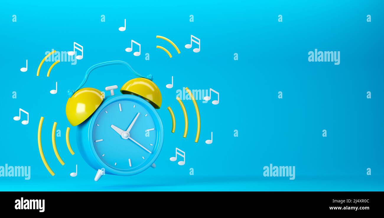 Blue and yellow retro ringing alarm clock with sound waves on blue
