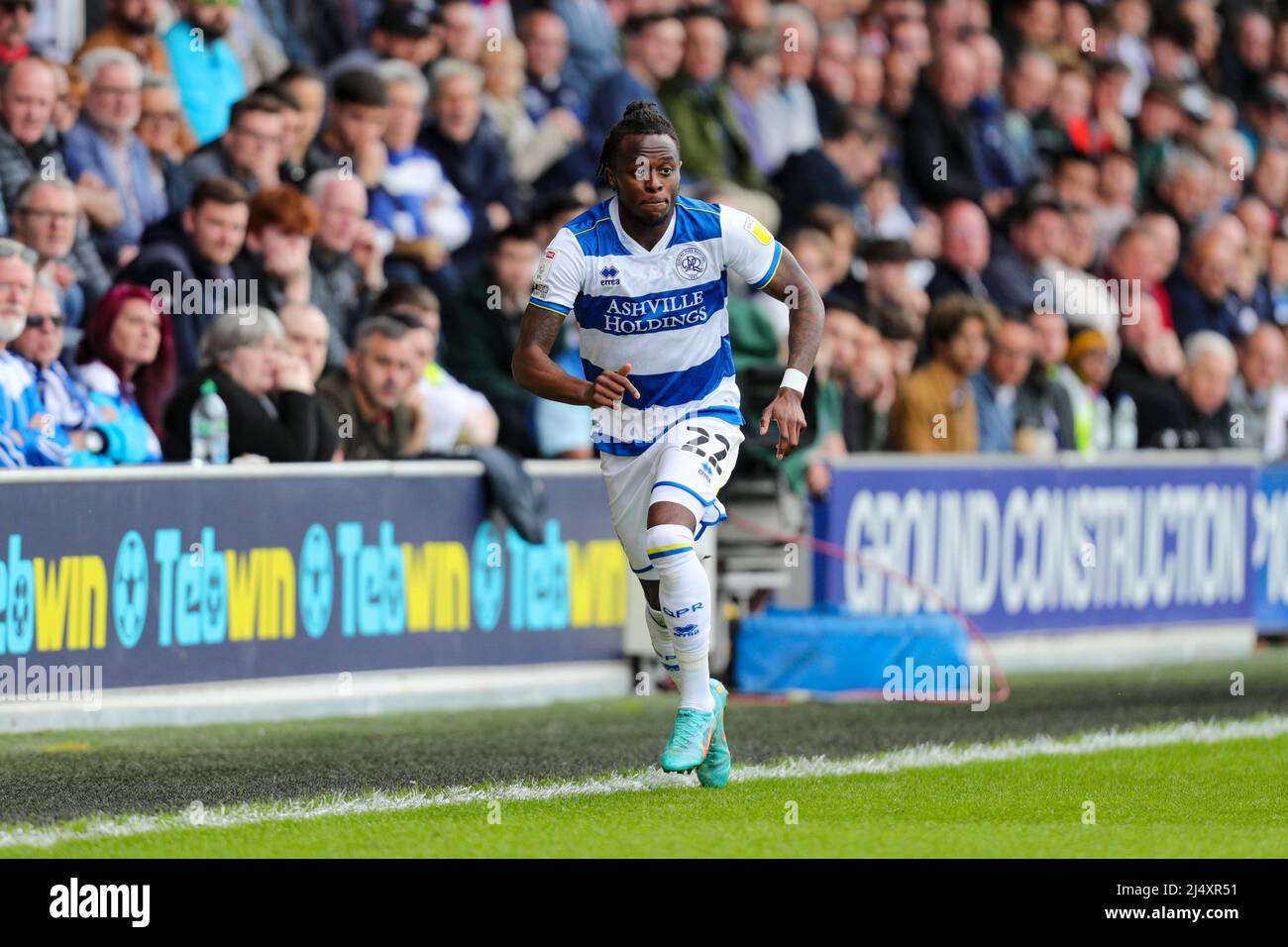 QPR's Moses Odubajo during the Sky Bet Championship match between Queens Park Rangers and Derby County at the Kiyan Prince Foundation Stadium., London on Monday 18th April 2022. (Credit: Ian Randall | MI News) Credit: MI News & Sport /Alamy Live News Stock Photo