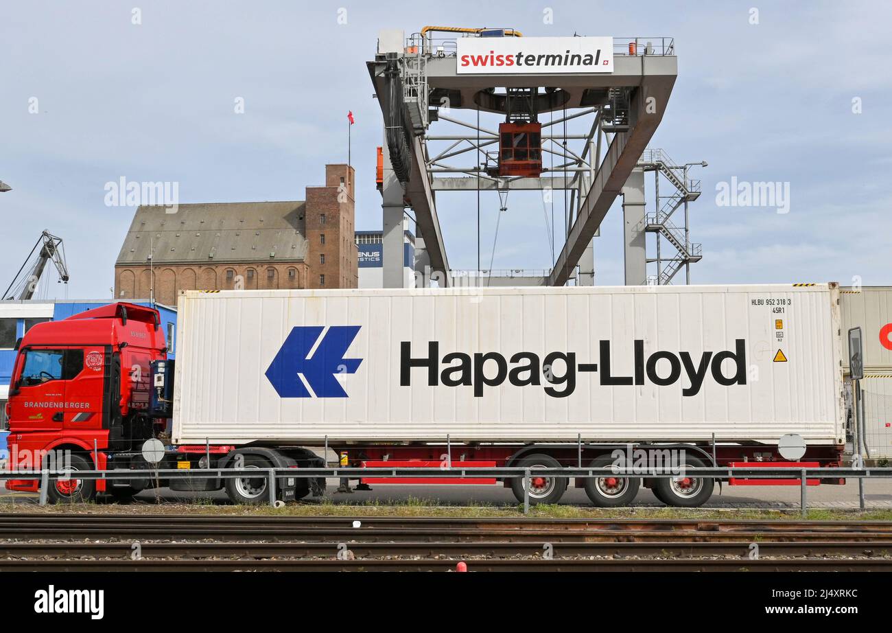 Basel, Switzerland April 2022 Heavy crane in the city's container terminal with an