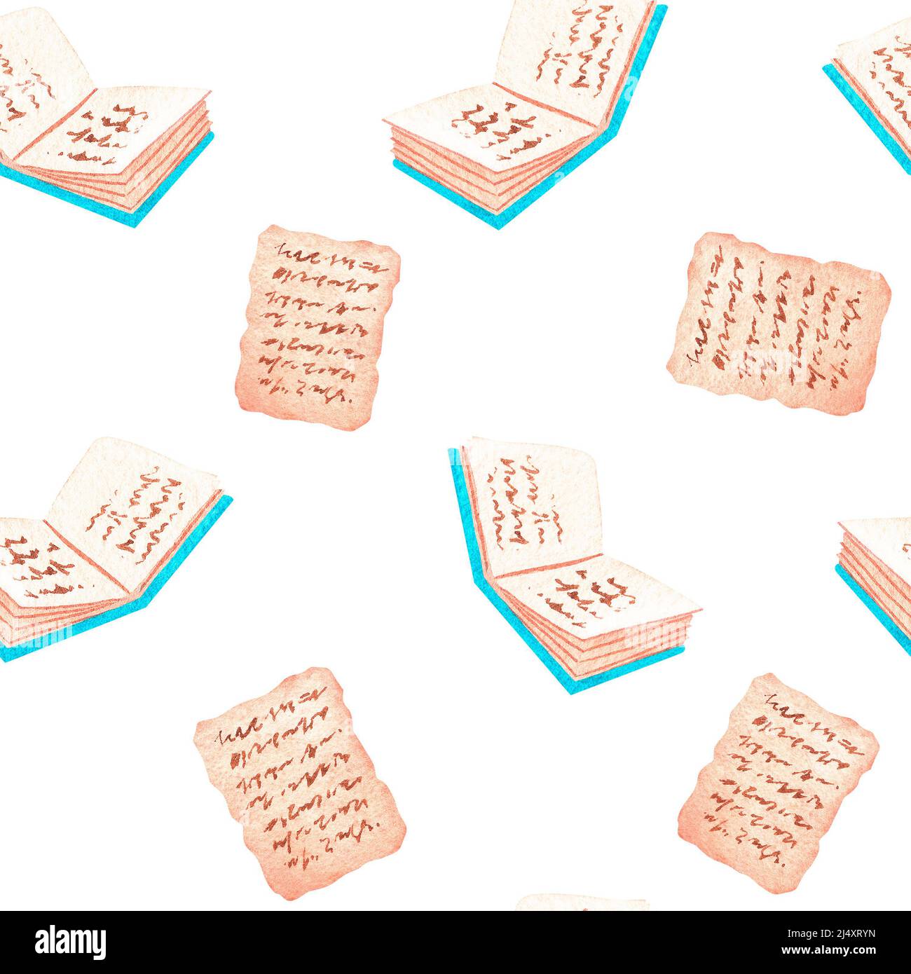 Book pages. Seamless pattern. Watercolor vintage illustration. Isolated on a white background. For your design. Stock Photo