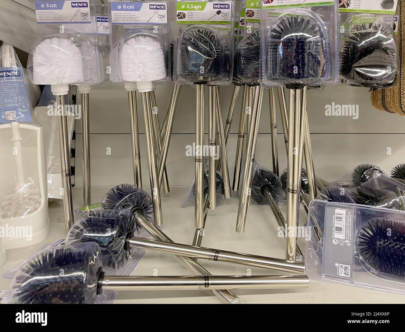 Nuremberg, Germany - April 04 2022: Toilet brushes in the supermarket. Stock Photo