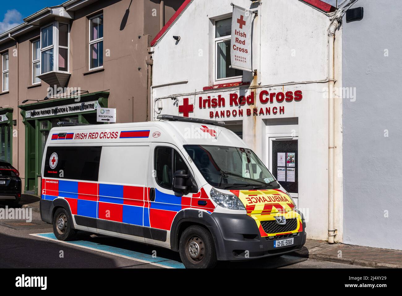 Irish Red Cross Branch and ambulance in Bandon, West Cork, Ireland. Stock Photo