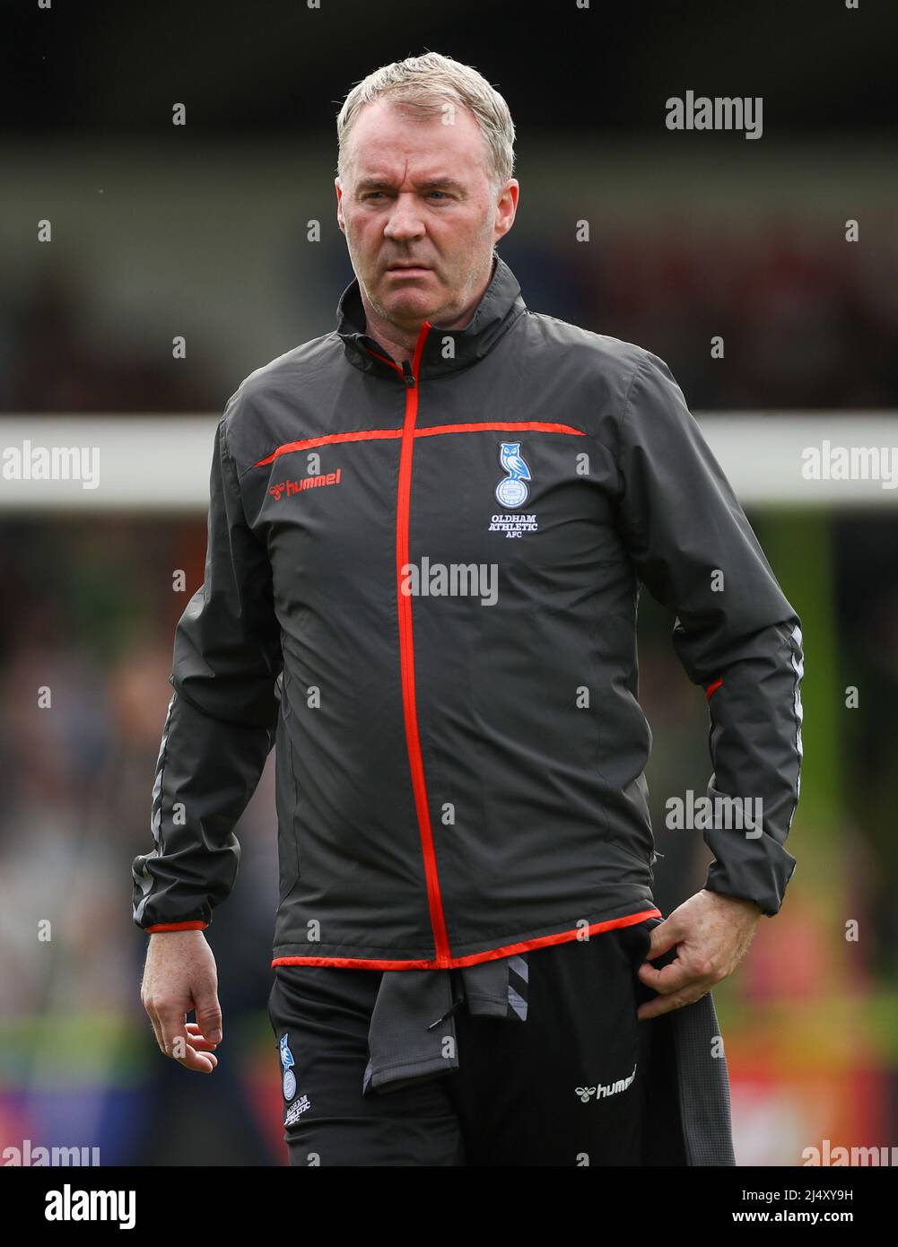 Oldham Athletic manager John Sheridan ahead of the Sky Bet League Two match at The Fully Charged New Lawn, Nailsworth. Picture date: Monday April 18, 2022. Stock Photo