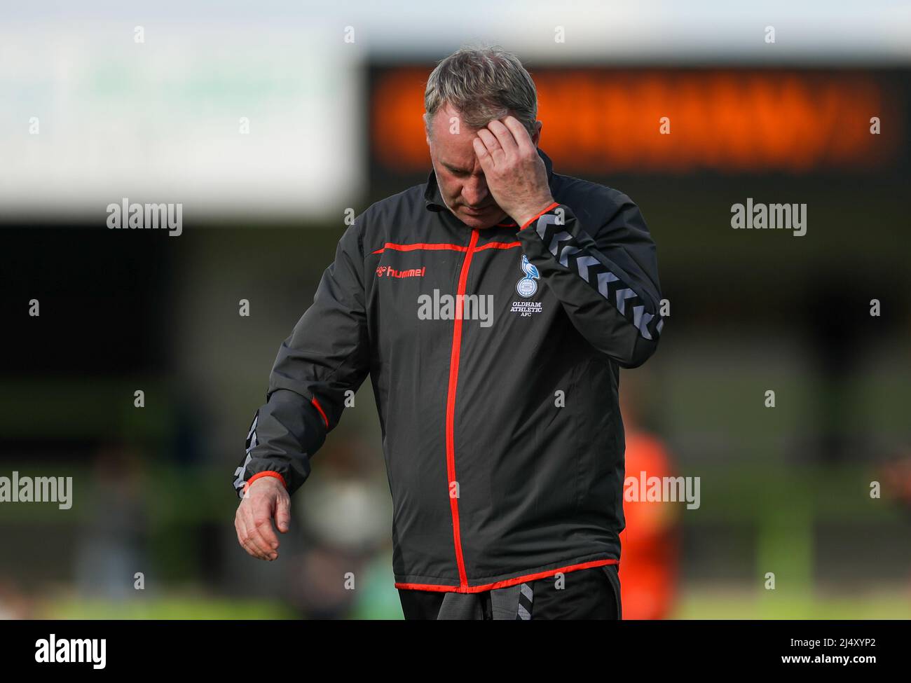 Oldham Athletic manager John Sheridan reacts at full time after the Sky Bet League Two match at The Fully Charged New Lawn, Nailsworth. Picture date: Monday April 18, 2022. Stock Photo