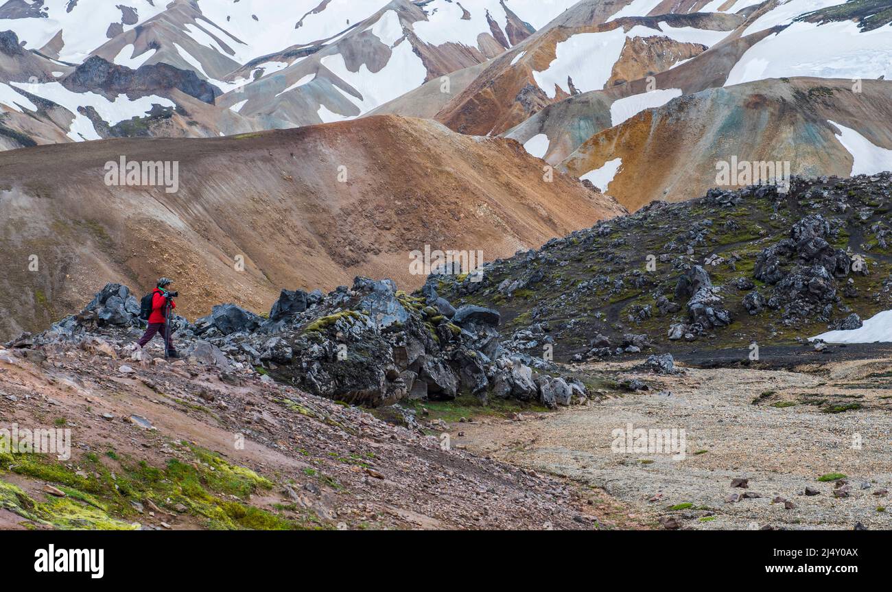 photographer taking pictures of the volcanic landscape in Iceland Stock Photo