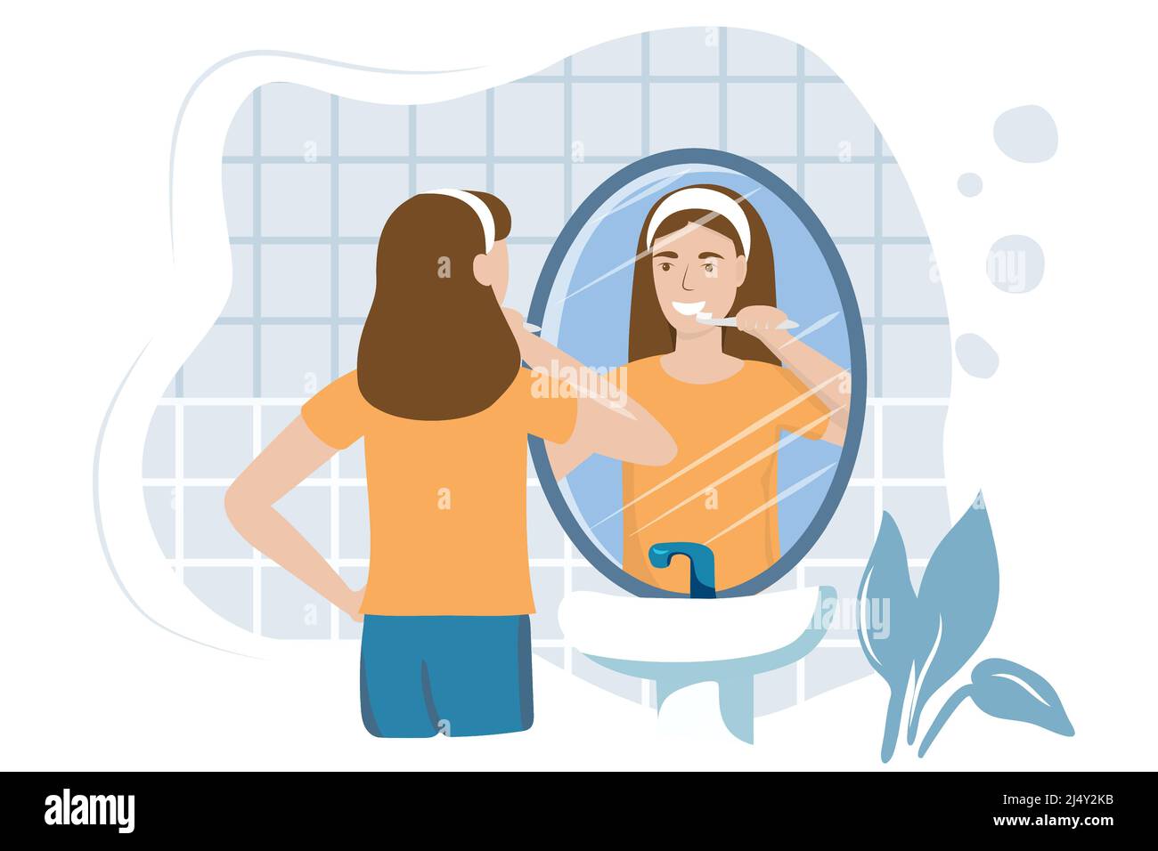 Young woman in the bathroom brushing teeth with a toothbrush reflection in the mirror vector illustration in flat How to brush teeth correctly. Oral h Stock Vector