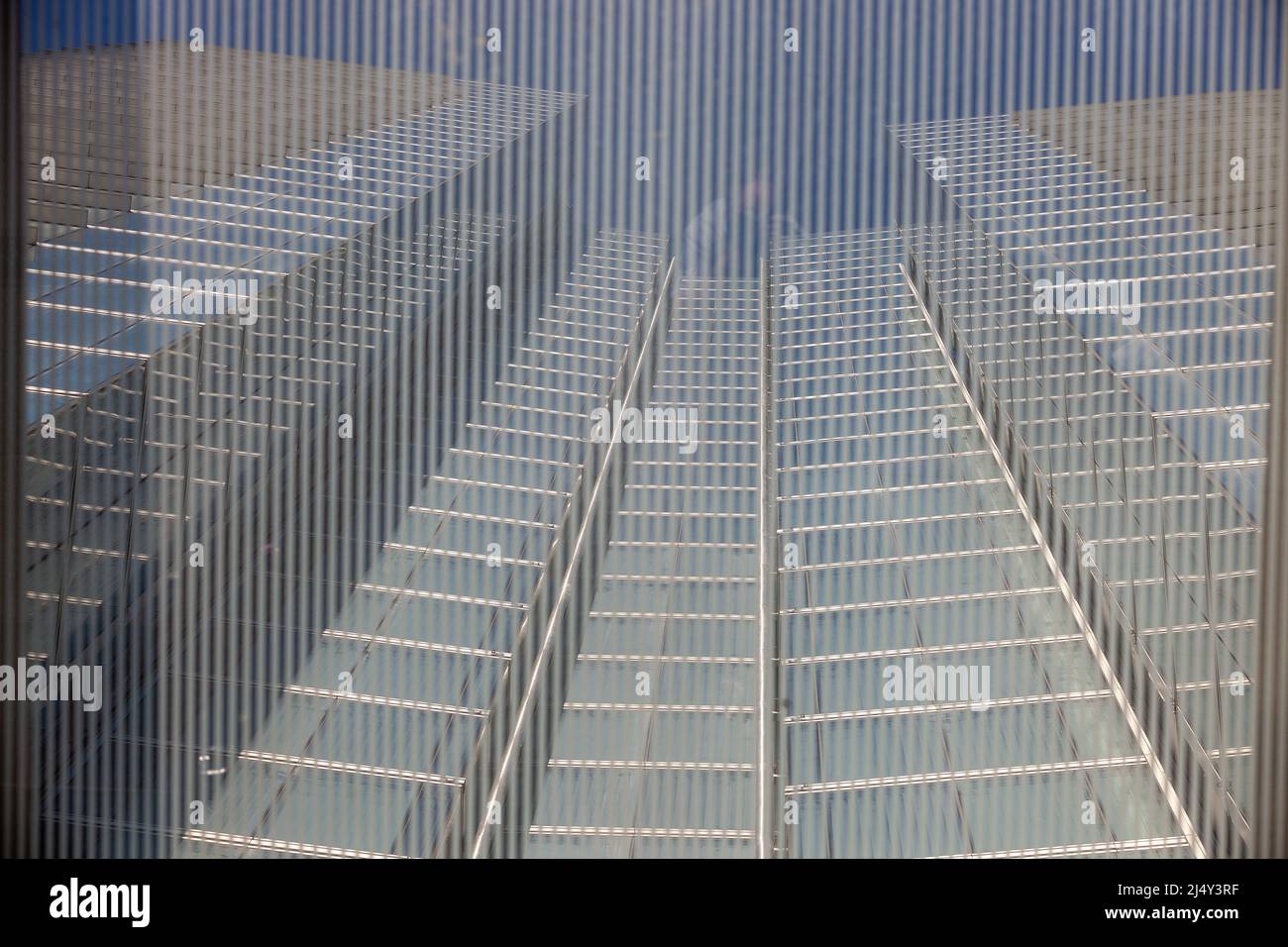 Low-angle view, through an awning, of the Dexia tower at Place Rogier, Brussels Stock Photo