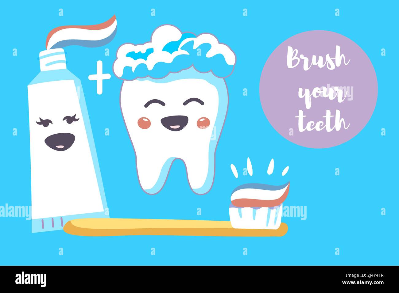Cute tooth characters with toothbrush and toothpaste on bright blue ...