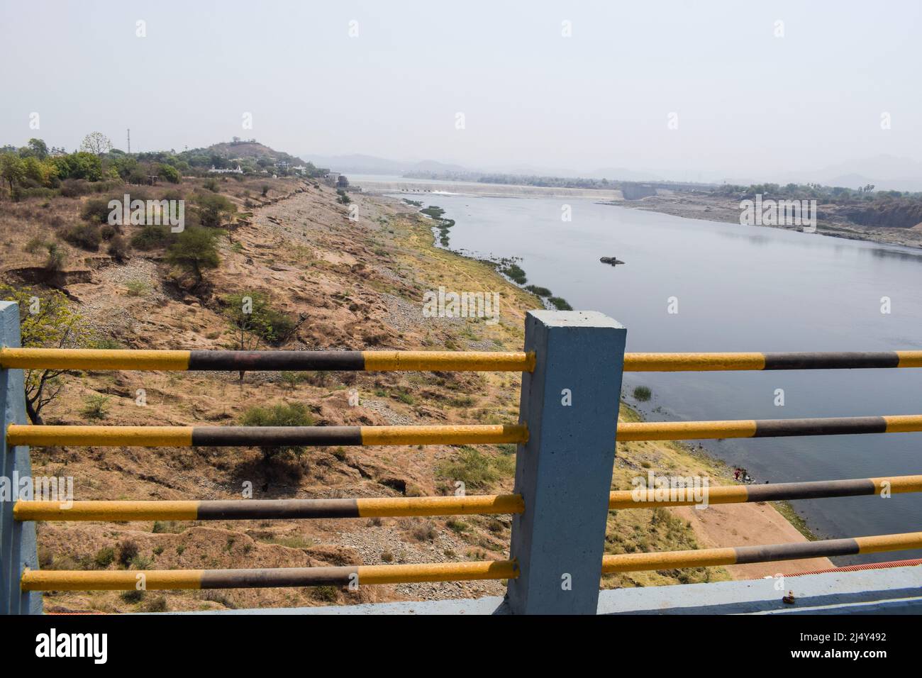 Bridge road pull over river in India. Indian national highway bridge narmada river. Stock Photo