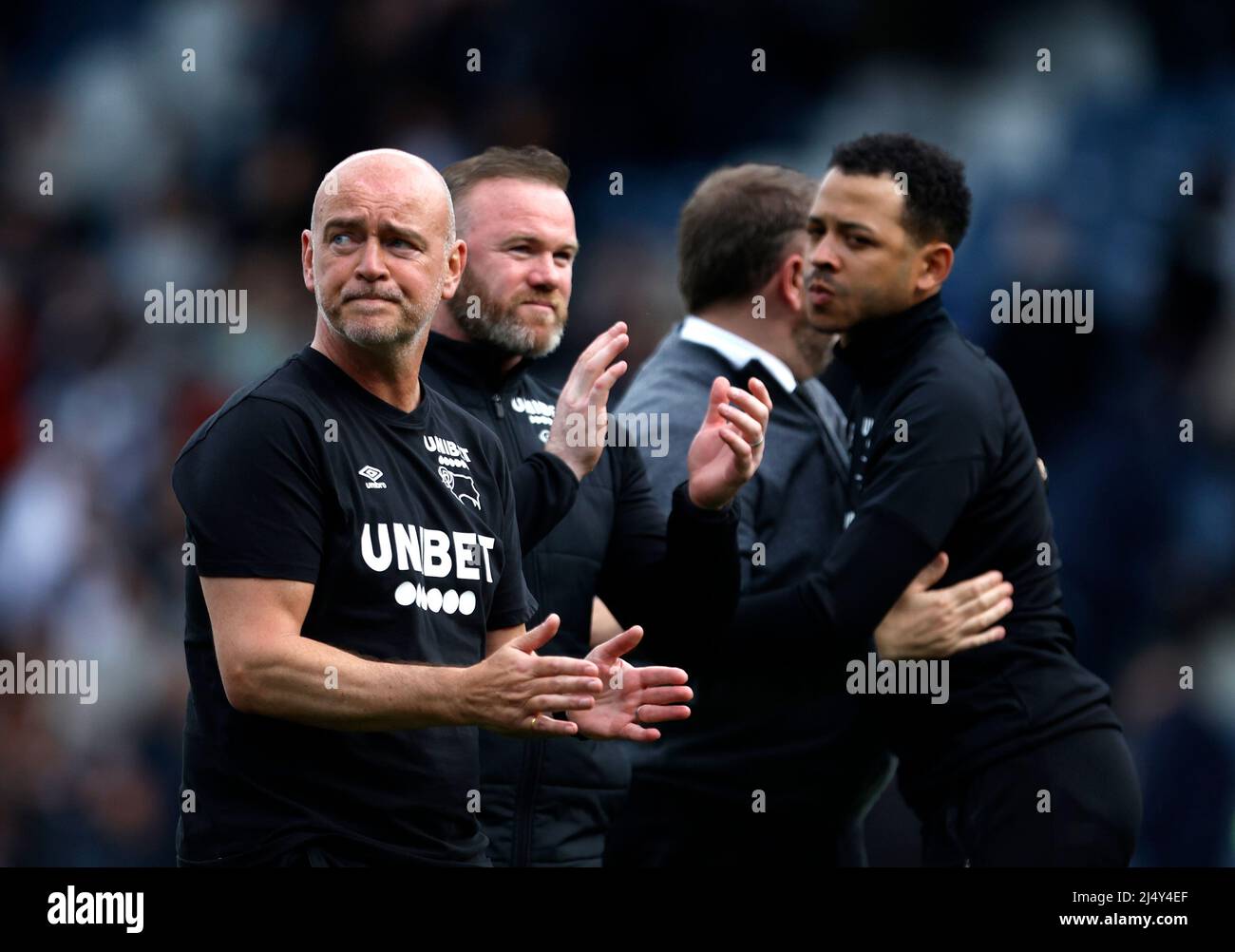 Derby County manager Wayne Rooney reacts following the Sky Bet Championship match at the Kiyan Prince Foundation Stadium, London. Picture date: Monday April 18, 2022. Stock Photo