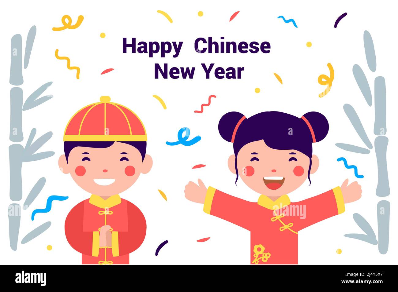 Chinese new year asian kid boy and girl in traditional costume vector illustration concept Stock Vector
