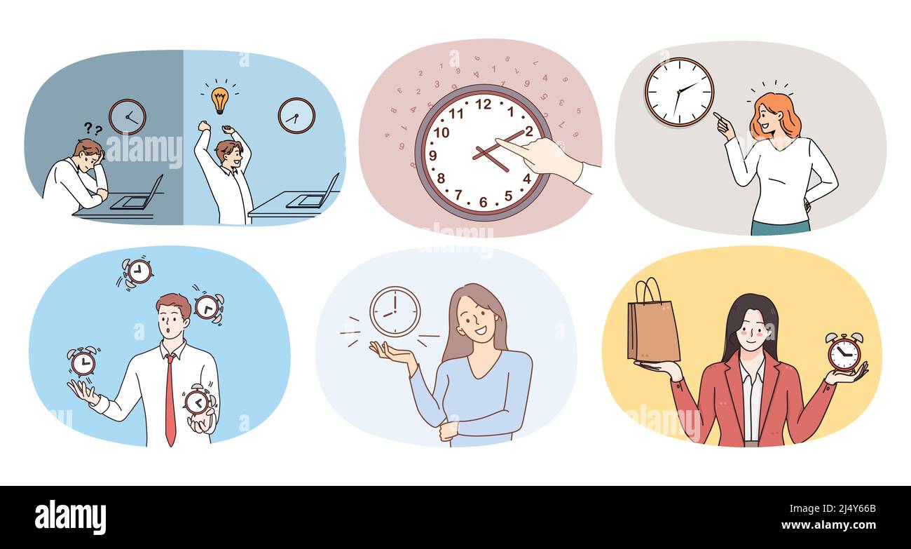 Set of diverse people relations with time. Collection of men and women follow timeline in life or at workplace. Time management and good habit. Flat vector illustration.  Stock Vector