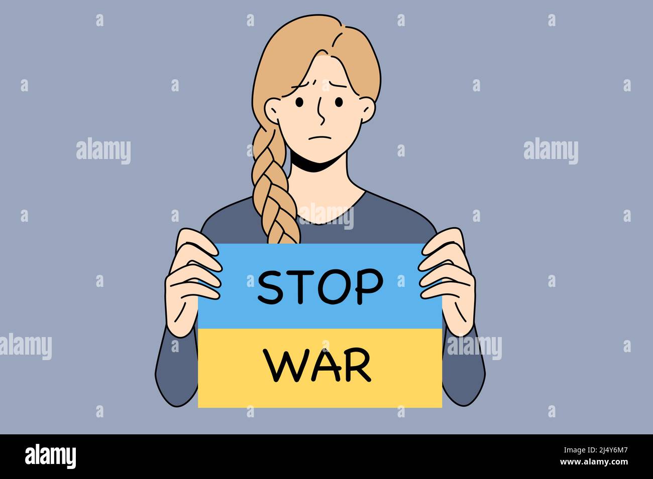 Sad young woman hold banner with Stop war text protest against Russian invasion to Ukraine. Unhappy girl activist support Ukrainian nation demand peace. Flat vector illustration.  Stock Vector