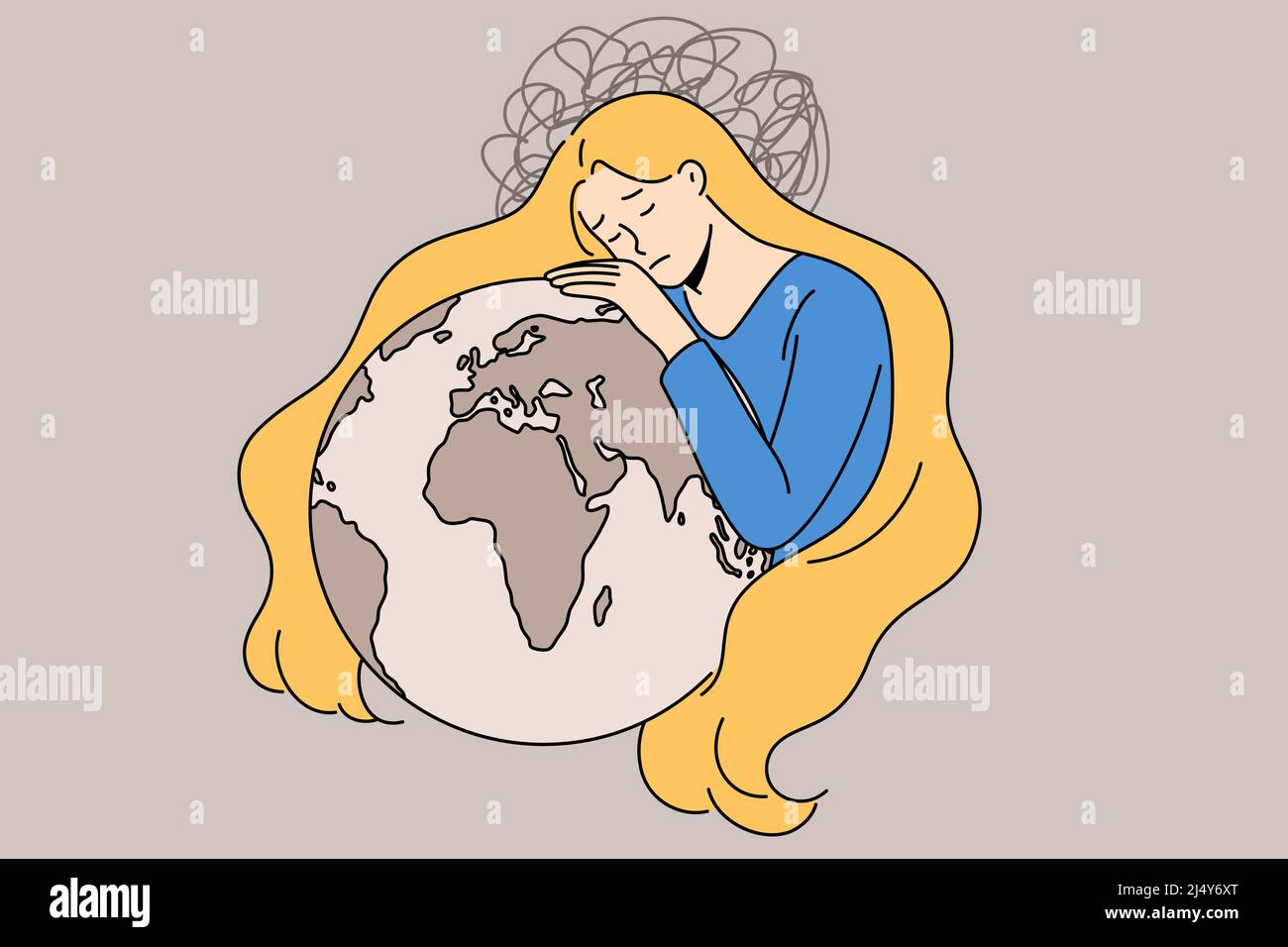 Sad young Ukrainian woman in national colors hug planet Earth stand for peace in Ukraine. Upset girl mourn and grief for land. Stop war, stop Russian aggression. Flat vector illustration.  Stock Vector