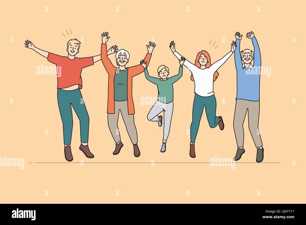 Overjoyed three generations of family have fun jump and laugh together. Smiling kids, parents and grandparents celebrate success feel joyful and excited. Flat vector illustration.  Stock Vector