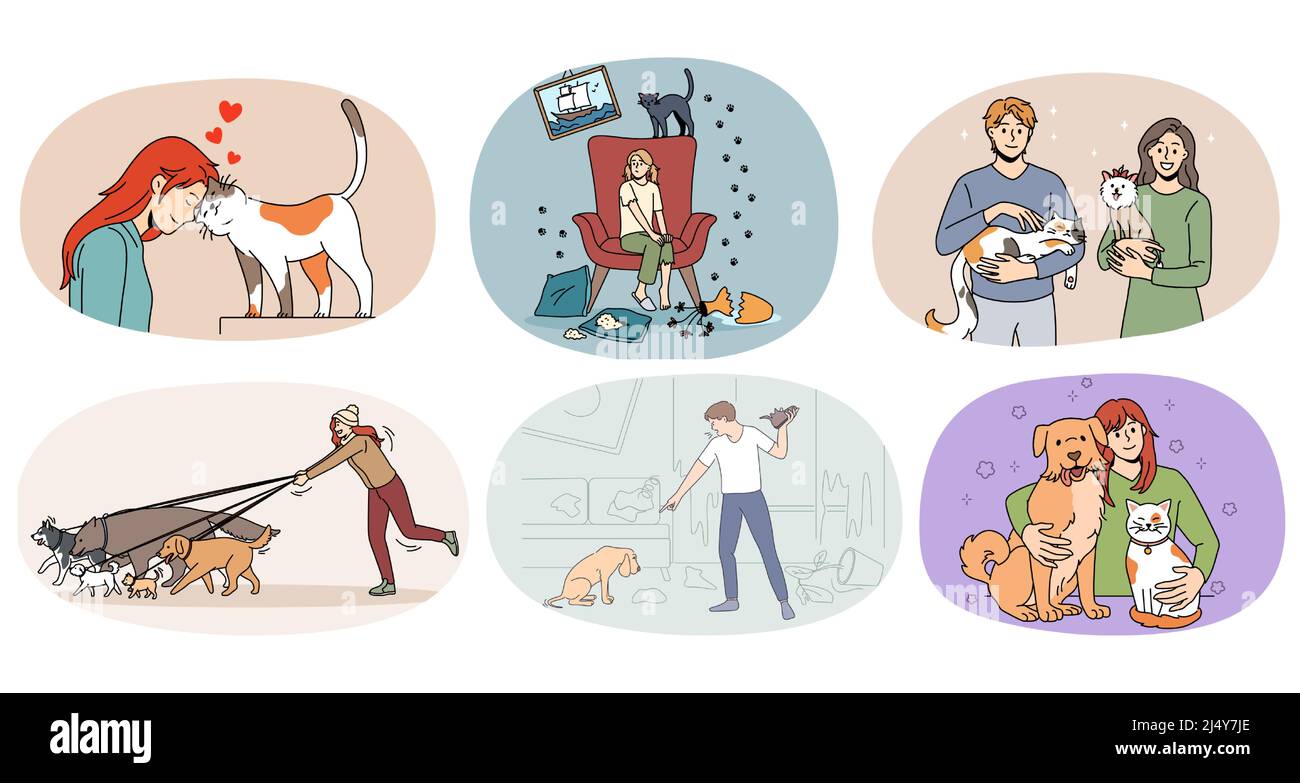Set of diverse people with domestic animals show love and care. Collection  of men and women with cats and dogs. Pets and little friends concept. Flat  vector illustration Stock Vector Image &