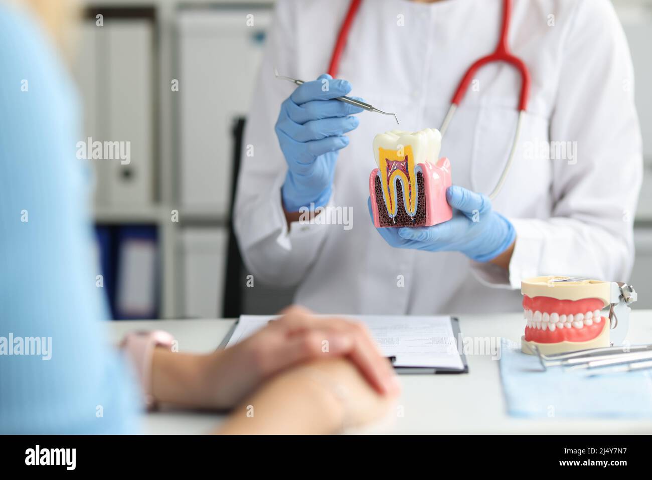 Dentist shows caries on artificial tooth and methods of treatment to ...