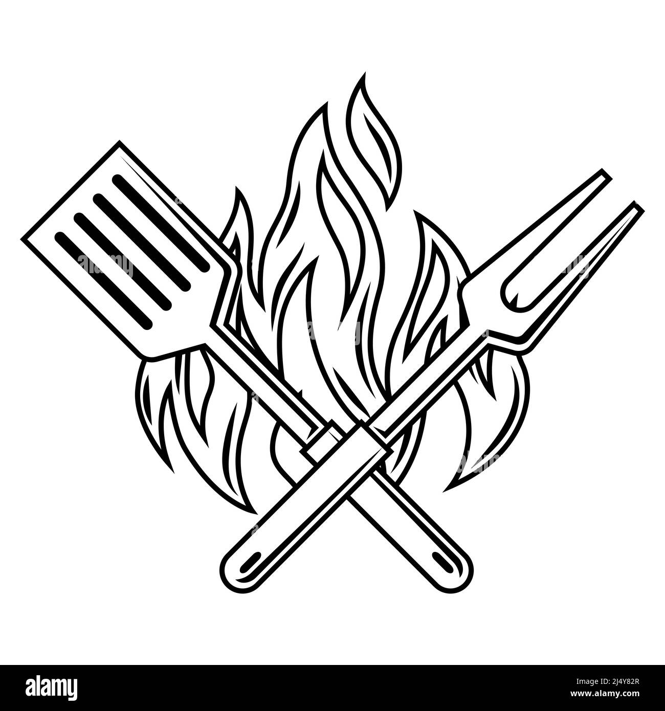 Bbq illustration with fire, spatula and fork. Stylized kitchen and restaurant menu items. Stock Vector