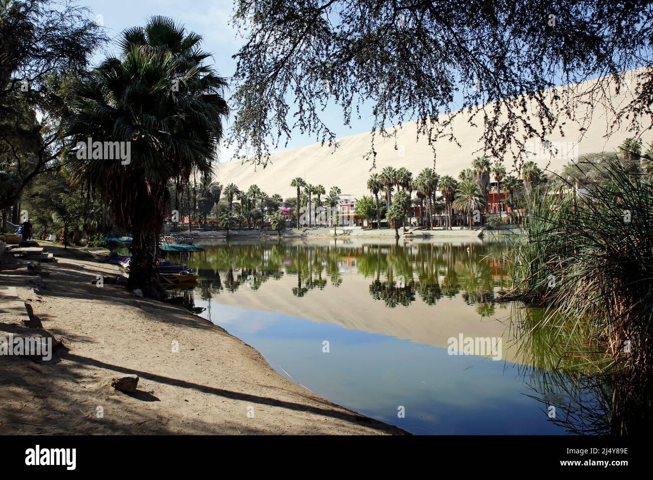 View from inside Huacachina, Natural Oasis. Ica, Peru. Stock Photo