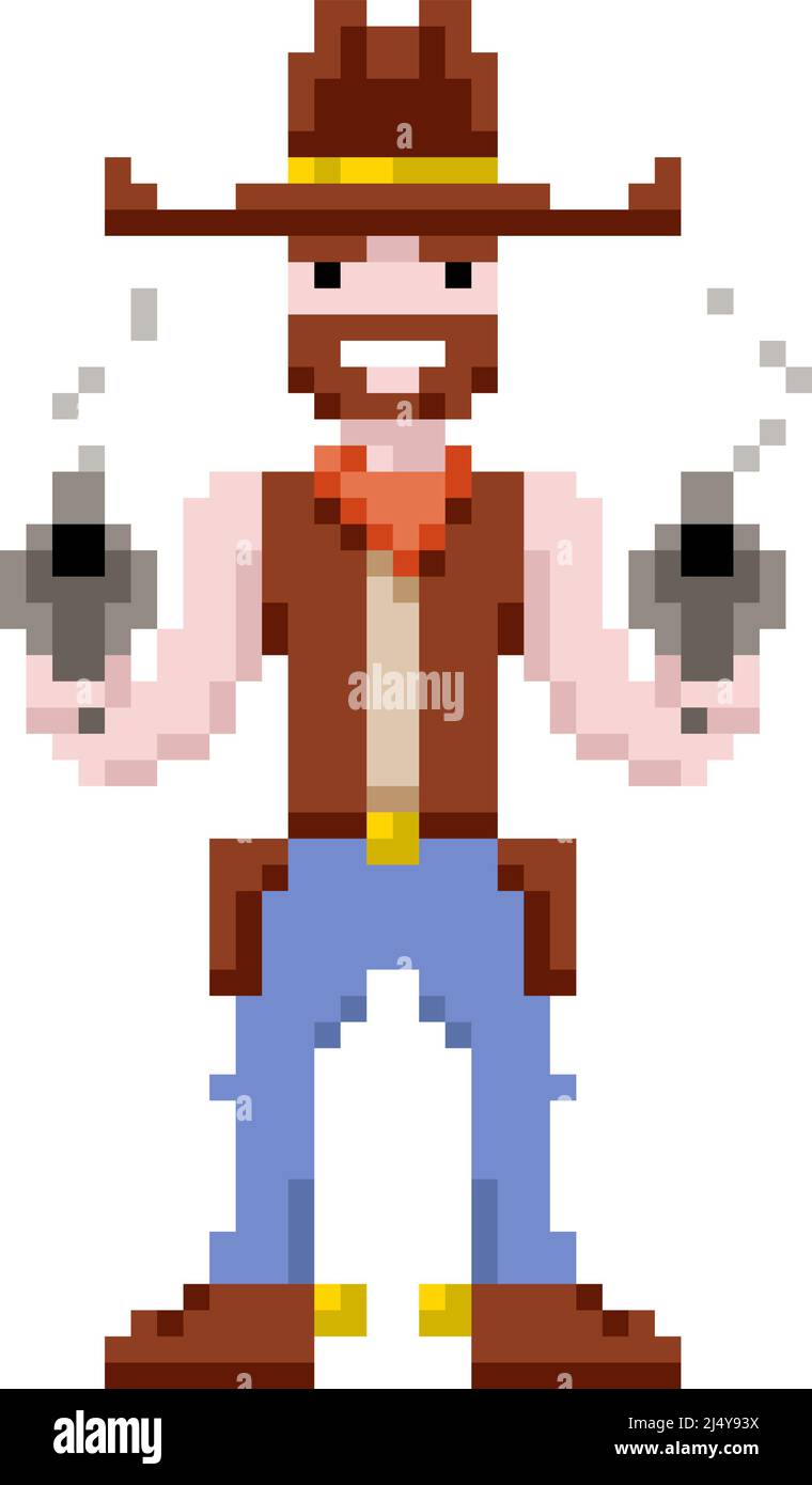 Pixel art cowboy holding a gun, vector illustration Stock Vector