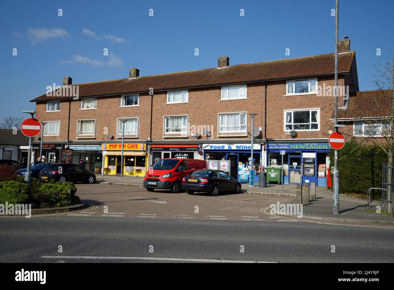 A small parade of local shops built in the 1960's. Situated in a post Second World War 'New Town' called Crawley, West Sussex, England. Stock Photo