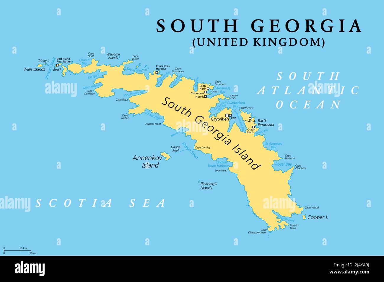 South Georgia, political map. Part of the British Overseas Territory of South Georgia and the South Sandwich Islands. Group of islands. Stock Photo