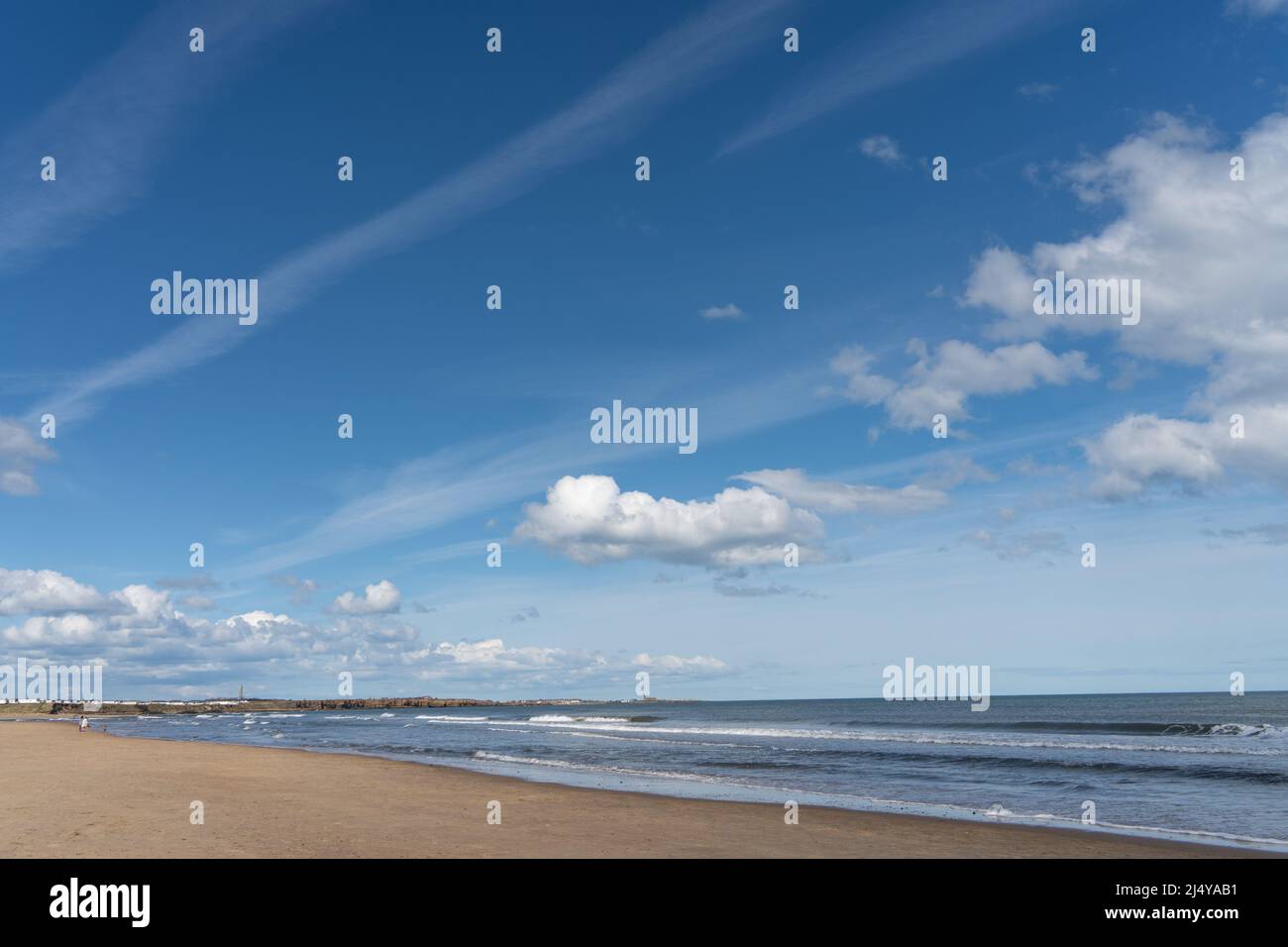 Sea view with blue sky at Cambois Beach, Blyth, Northumberland, UK. Stock Photo