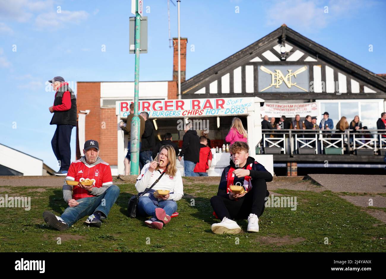 Nottingham Forest fans grab a bite to eat outside Nottingham Boat Club near the ground before the Sky Bet Championship match at the City Ground, Nottingham. Picture date: Monday April 18, 2022. Stock Photo