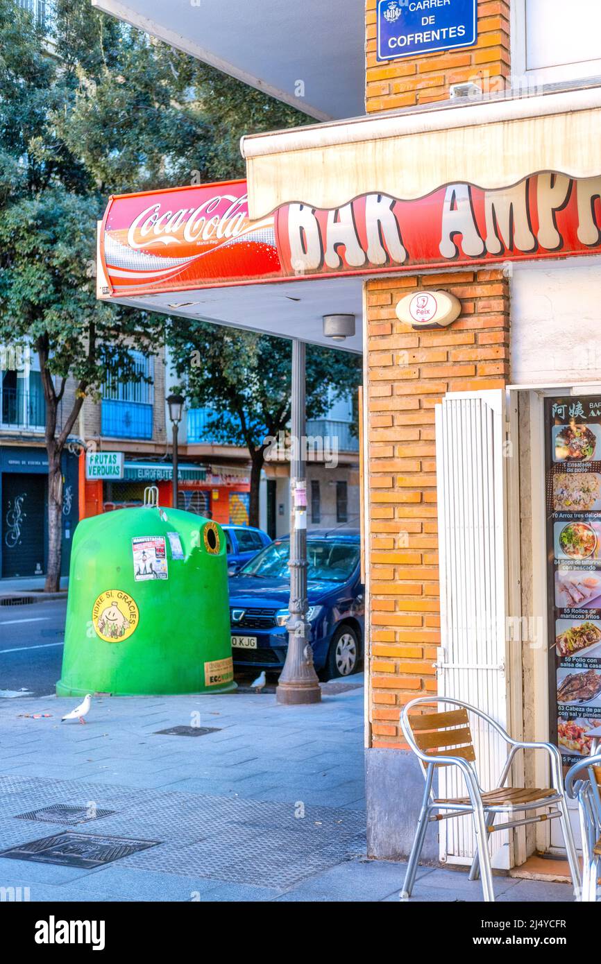 Small business in an old town corner. The bar main sign is advertising Coca-Cola. Valencia city is the capital of the Spanish province of the same nam Stock Photo