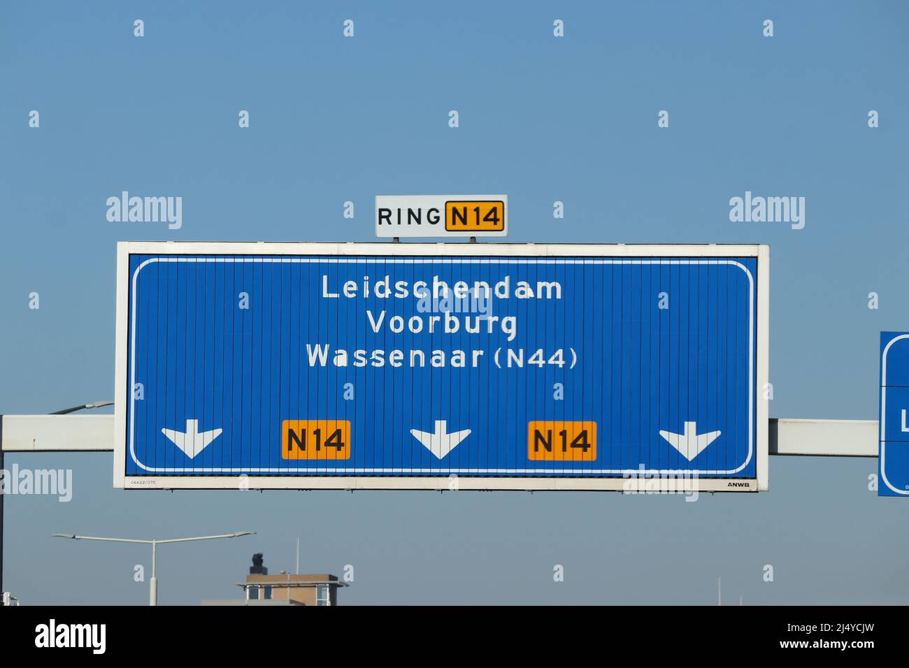 Blue direction and information sign for the directions on Motorway N14 heading Leidschendam at Sijtwendetunnel Stock Photo