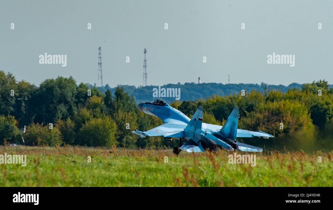 August 30, 2019, Zhukovsky, Russia. Russian multi-role fighter Sukhoi Su-35 on the runway of the airfield. Stock Photo