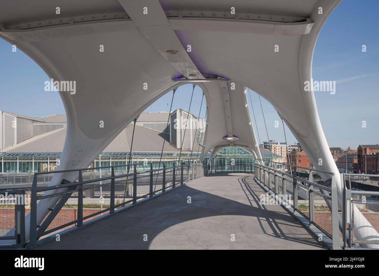 Murdoch's Connection public footbridge over Clive Sullivan way bypass connecting Victoria square with the marina on a fine spring morning in Hull, UK. Stock Photo