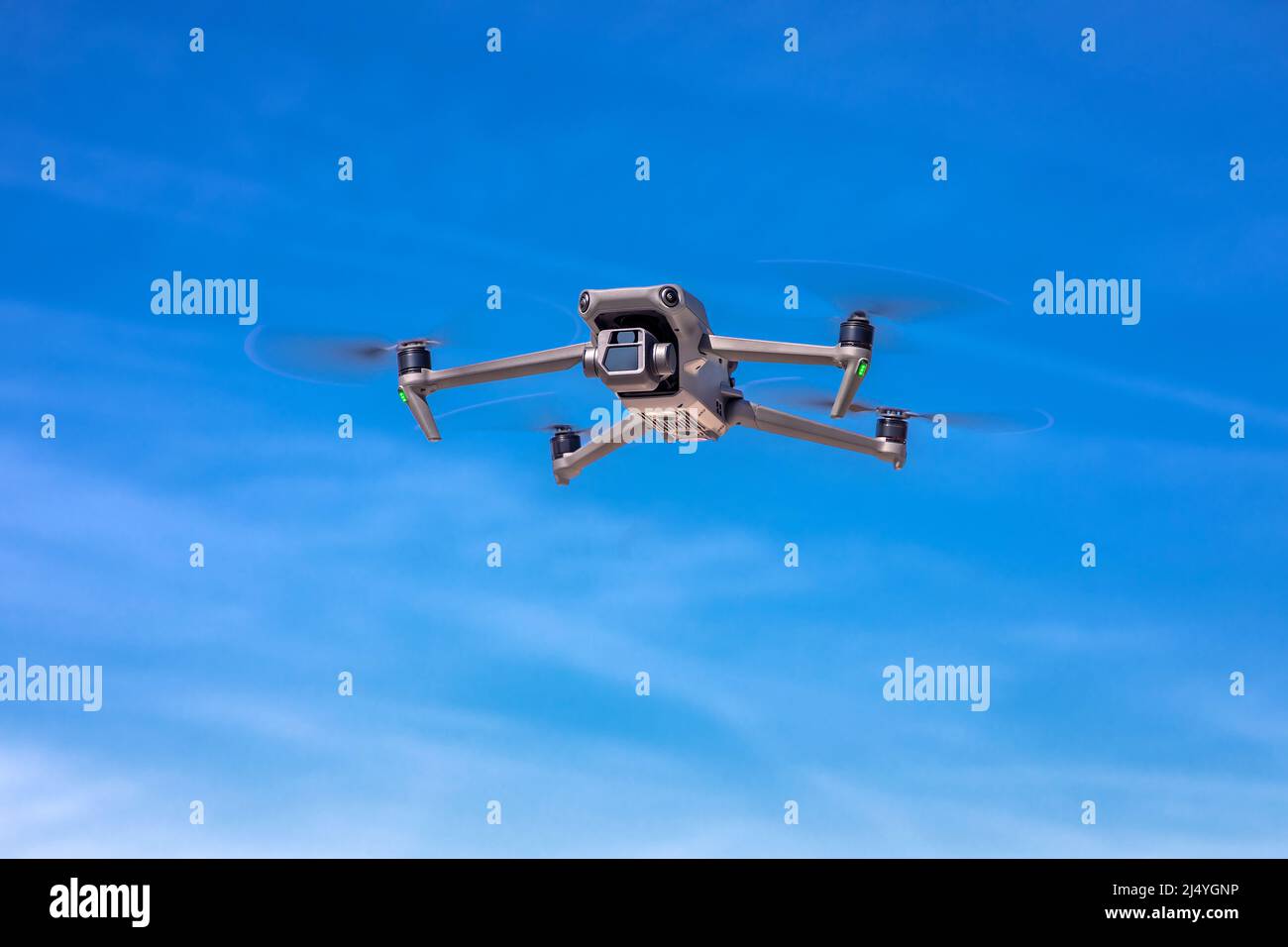 Drone in flight action while making aerial cinematic footage Stock Photo