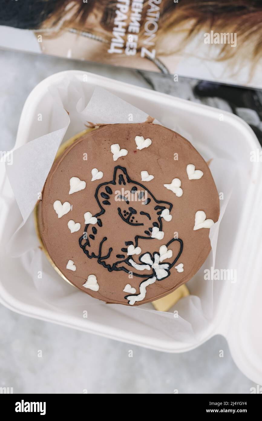 Close up of bento cake with cute picture of cat and white sugar hearts in eco box-packaging with wooden spoon. Top view. Chocolate cake Stock Photo