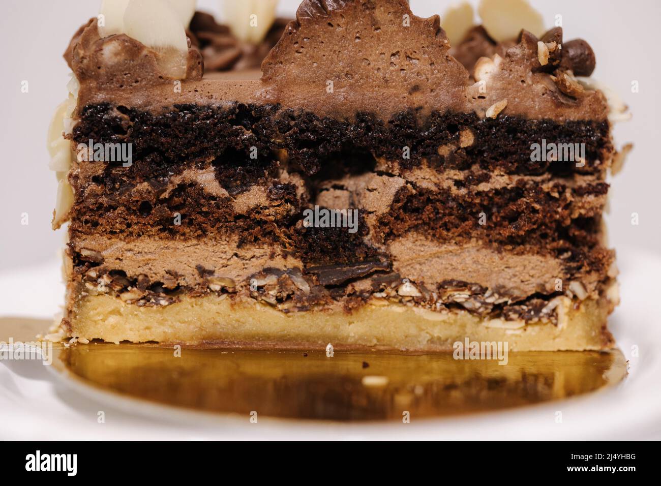 Close up of hulf of chocolate bento cake. Presentation cake on Easter bunny stand. Cake in section Stock Photo