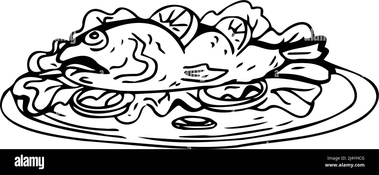 Cooked fish thin black lines on white background - Vector illustration Stock Vector