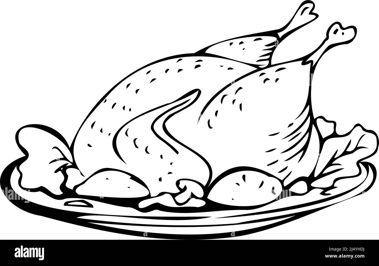 Fried chicken thin black lines on a white background - Vector