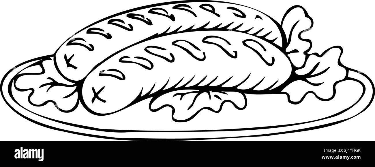 Cooked sausages thin black lines on white background - Vector illustration Stock Vector