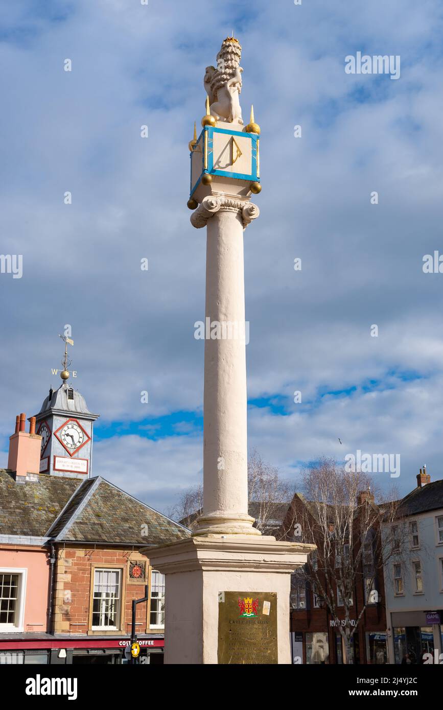 Carlisle, England - United Kingdom - March 17th, 2022: The Carlisle Market Cross in the town center, built in 1682, on a beautiful Spring morning. Stock Photo