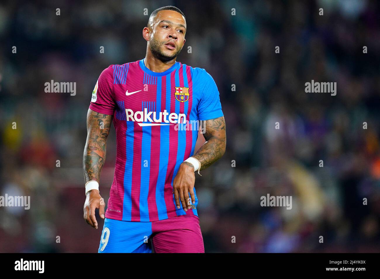 Memphis Depay of FC Barcelona during the La Liga match between FC Barcelona and Cadiz CF played at Camp Nou Stadium on April 18, 2022 in Barcelona, Spain. (Photo by Sergio Ruiz / PRESSINPHOTO) Stock Photo