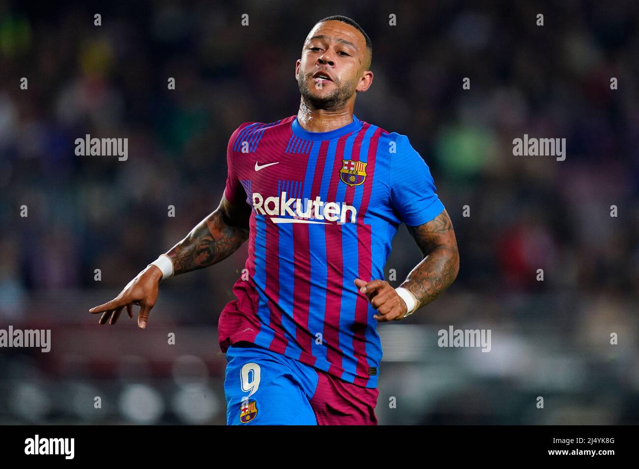 Memphis Depay of FC Barcelona during the La Liga match between FC Barcelona and Cadiz CF played at Camp Nou Stadium on April 18, 2022 in Barcelona, Spain. (Photo by Sergio Ruiz / PRESSINPHOTO) Stock Photo