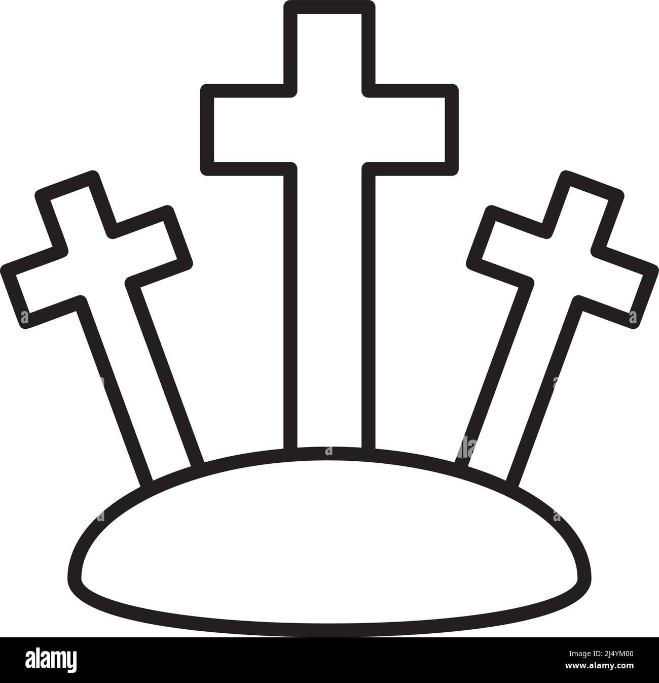 Calvary hill linear christian icon. Three crosses at Golgotha mountain. Crucifixion of Jesus Christ. Good Friday. Thin line illustration. Contour Stock Vector