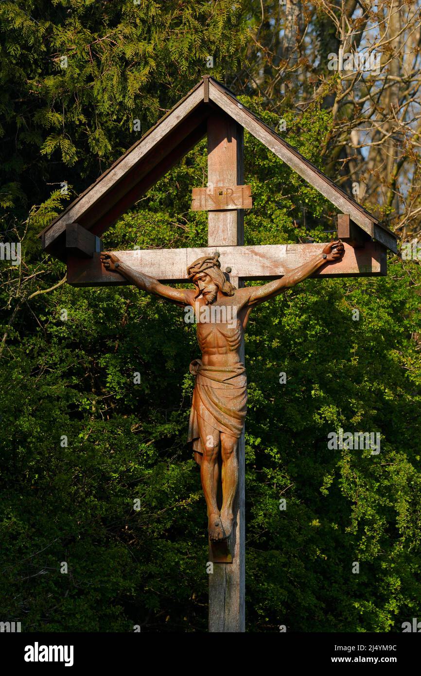 A Wooden Statue Of Jesus Christ On Garrowby Hill In East Riding Of a-wooden-statue-of-jesus-christ-on-garrowby-hill-in-east-riding-of