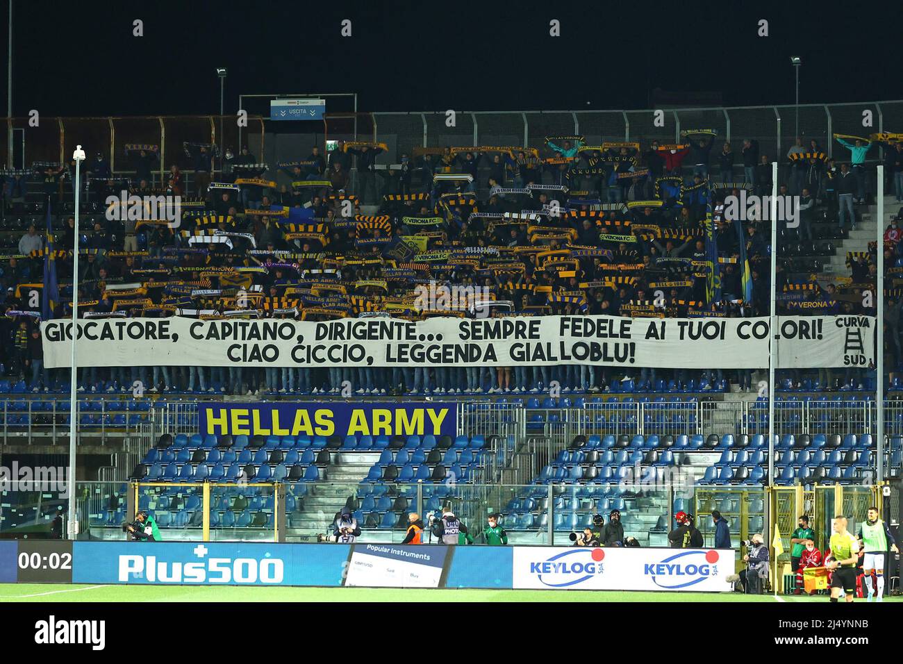 April 18, 2022, BERGAMO, Italia: Veronaâ€™s supporters during the Italian  Serie A soccer match Atalanta BC vs Hellas Verona FC at Gewiss Stadium in  Bergamo, Italy, 18 April 2022..ANSA/PAOLO MAGNI (Credit Image: ©