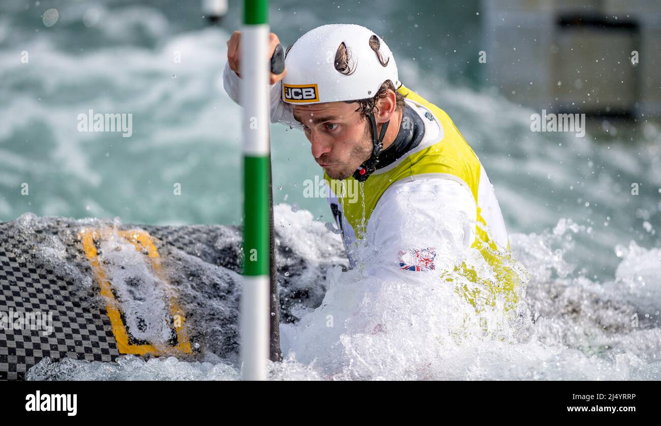 Adam Burgess of Stafford & Stone CC/JCB Ltd competing in C1M during the British Canoe Slalom Olympic Qualification at Lee Valley on 18 April 2022. Photo by Phil Hutchinson. Editorial use only, license required for commercial use. No use in betting, games or a single club/league/player publications. Credit: UK Sports Pics Ltd/Alamy Live News Stock Photo