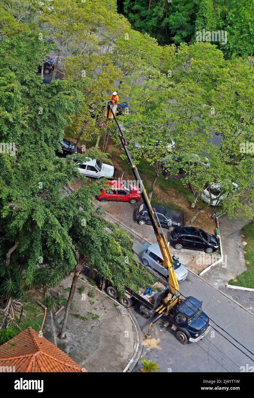 RIO DE JANEIRO, BRAZIL - FEBRUARY 22, 2021: Service worker pruning tree branches on a platform of a crane truck Stock Photo