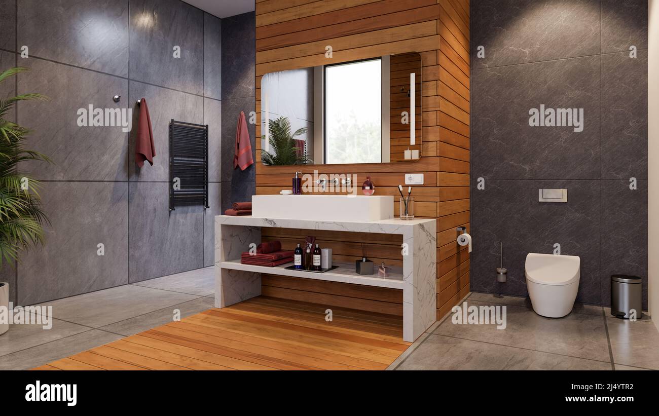 Modern interior of bathroom design, quartz countertop vanity and wall ...