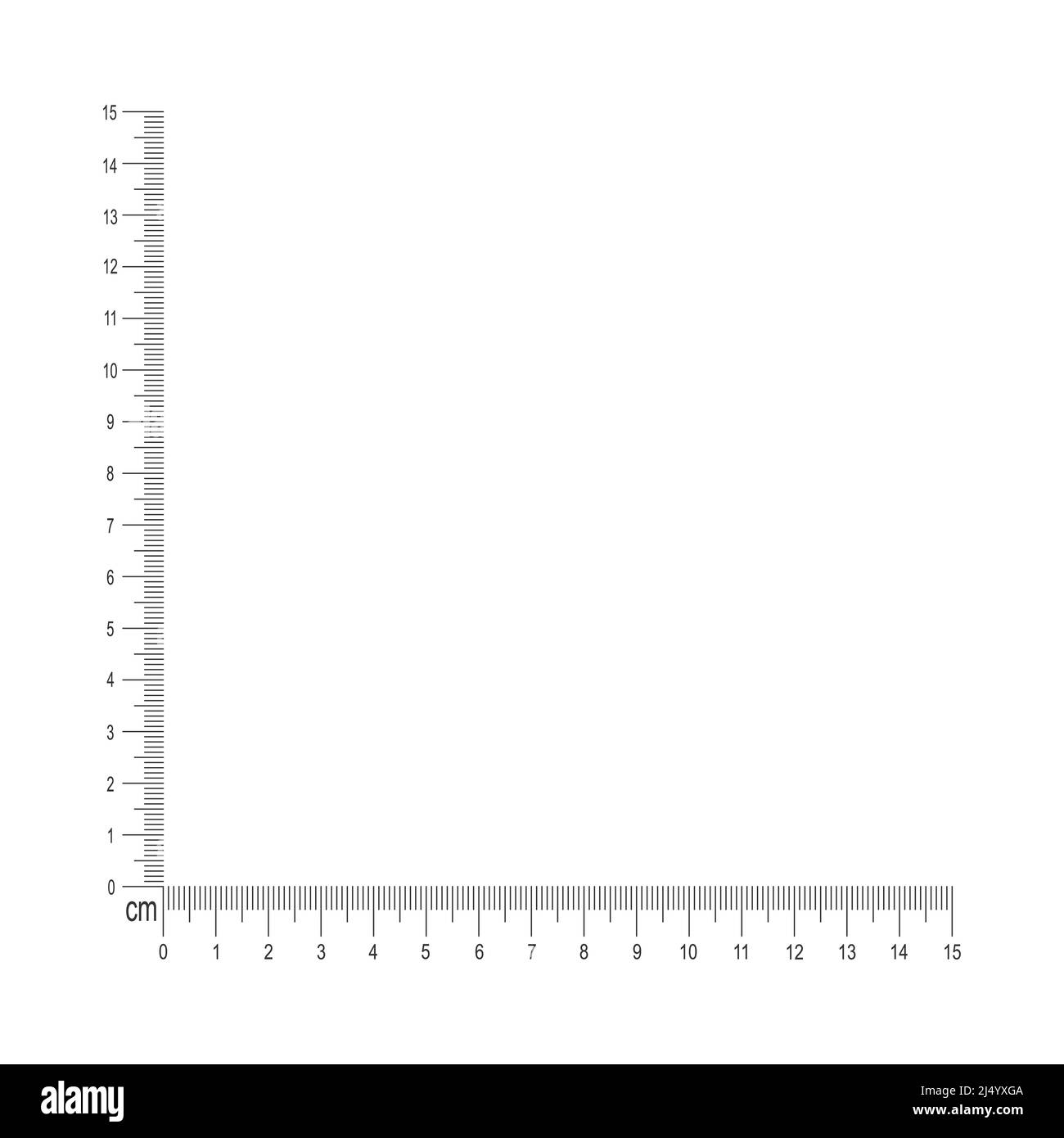 15 cm corner ruler scale isolated on white background. Measuring tool template with centimeters and millimeters markup and numbers on vertical and horizontal lines. Vector graphic illustration Stock Vector