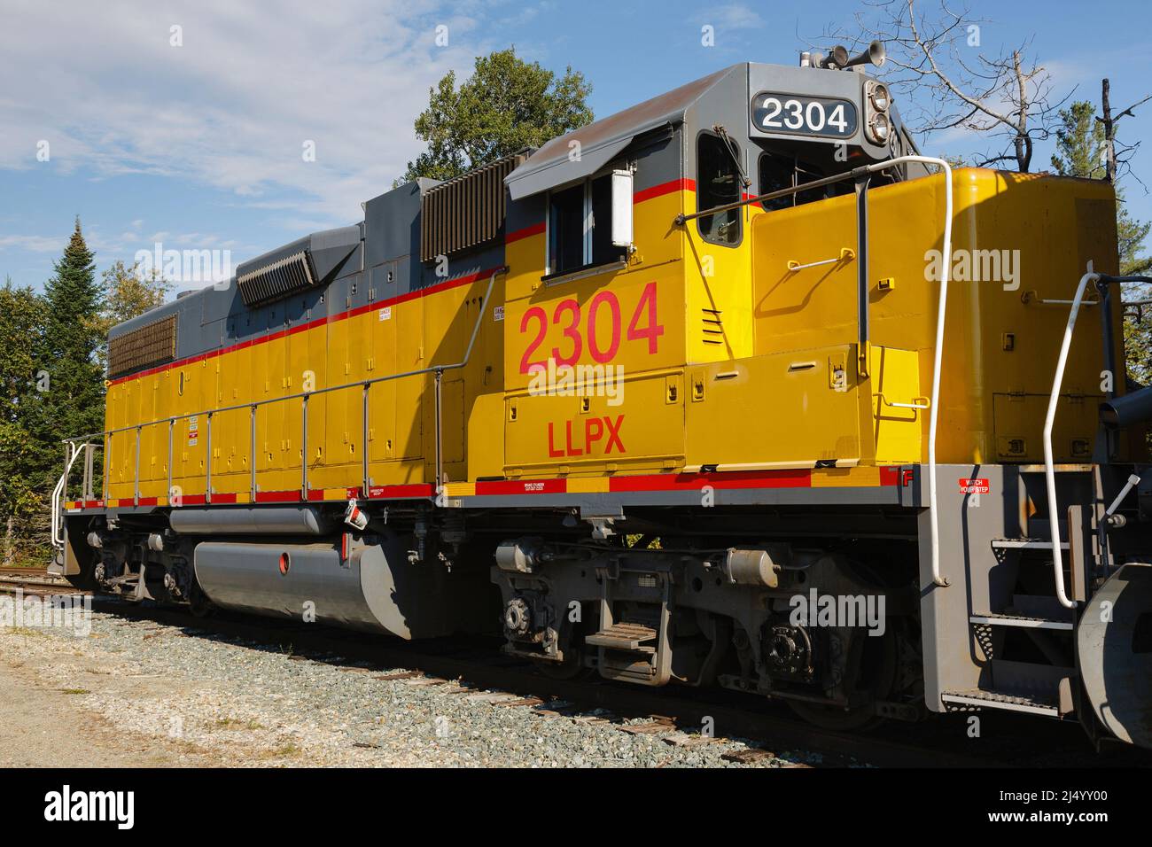 Locomotive, LLPX 2304, on railroad tracks in Whitefield, New Hampshire. Stock Photo