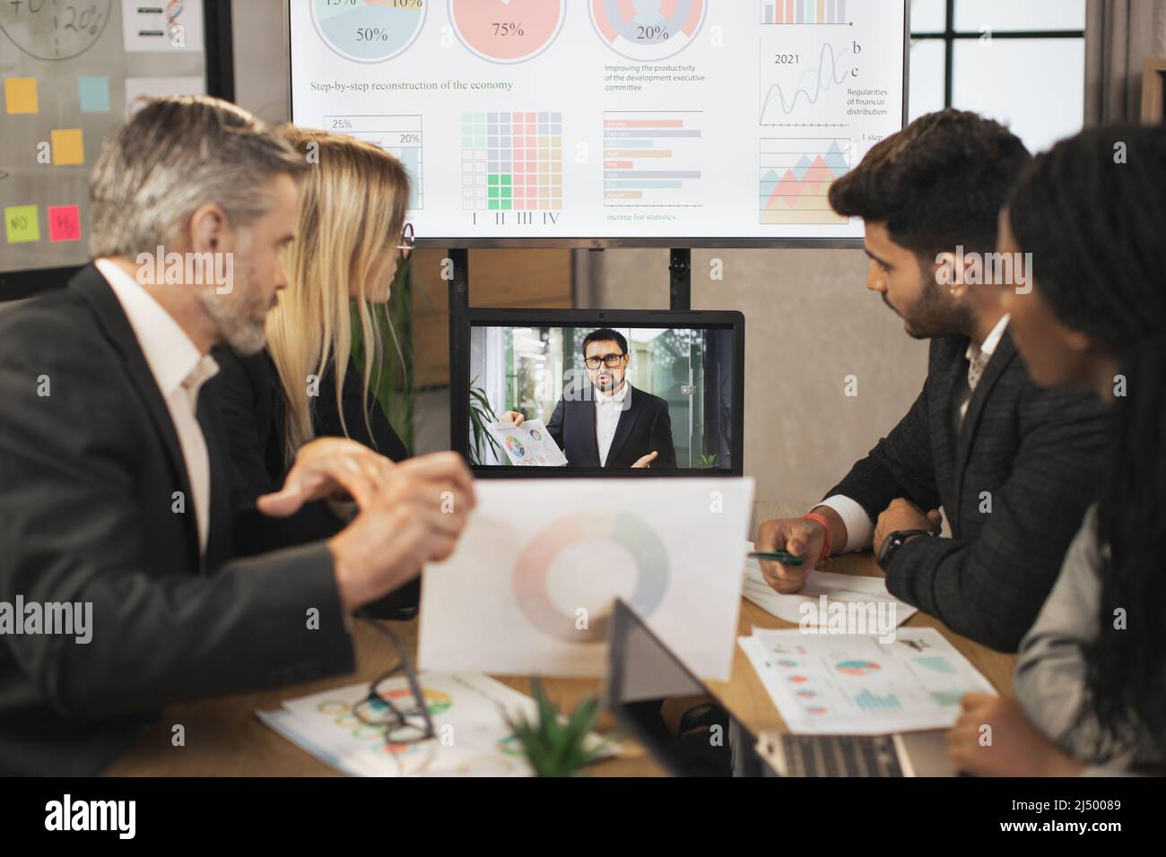 Electronic meeting concept. Diverse group of multiracial business